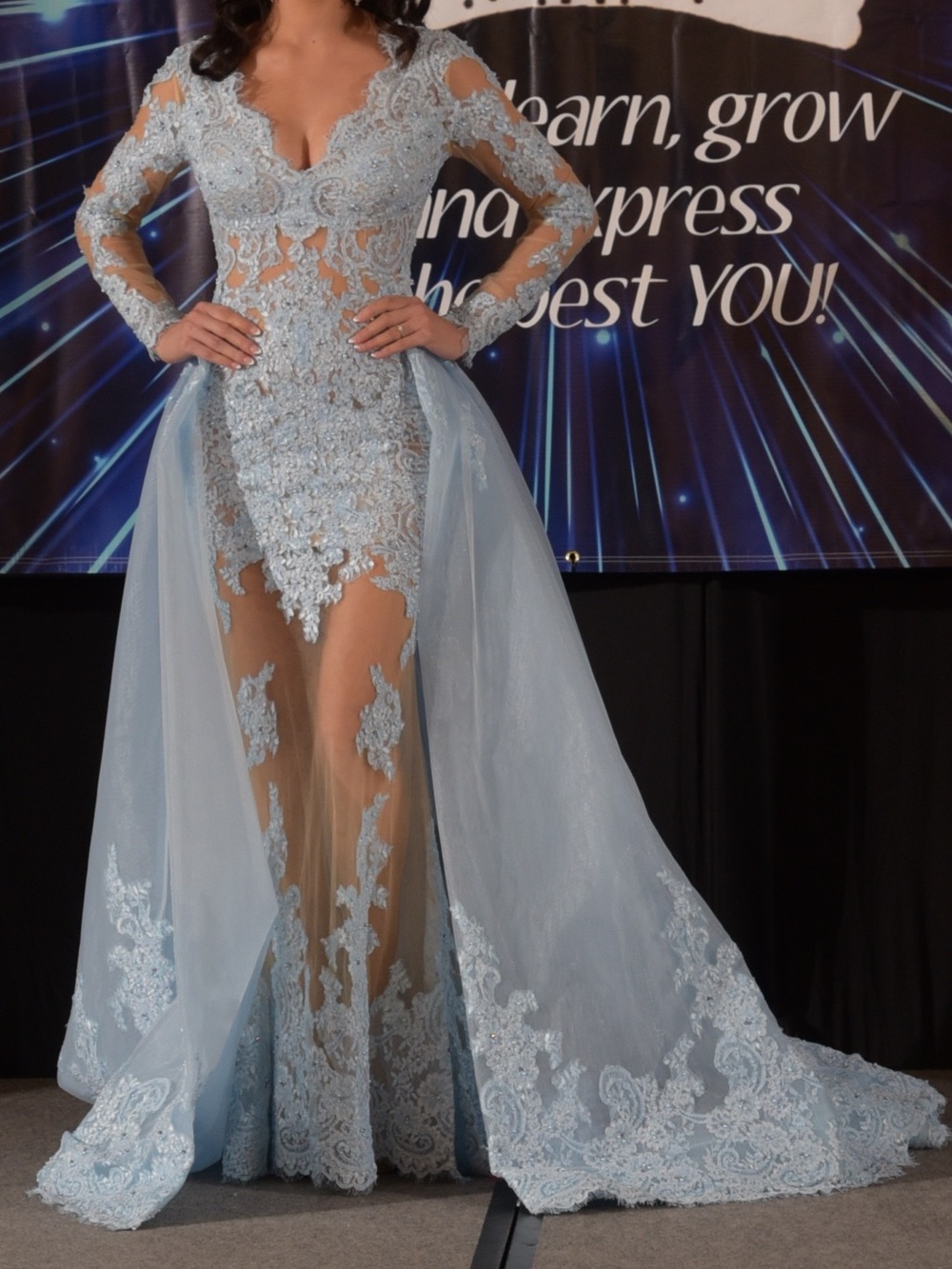 Elegant Light Blue Lace Evening Gown with Sheer Overlay - Picture 1 of 2